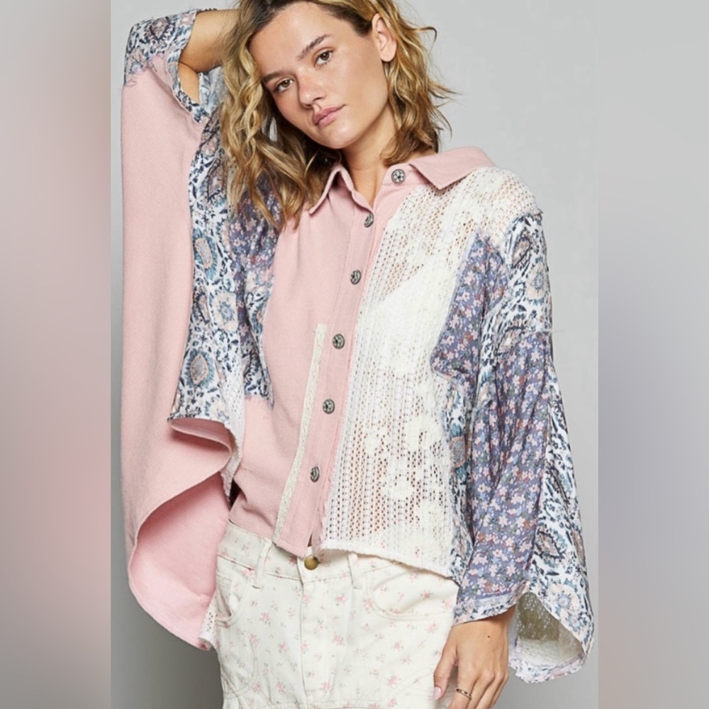 POL | NIP Geo Print Color Block Crochet Lace Button Down Top S